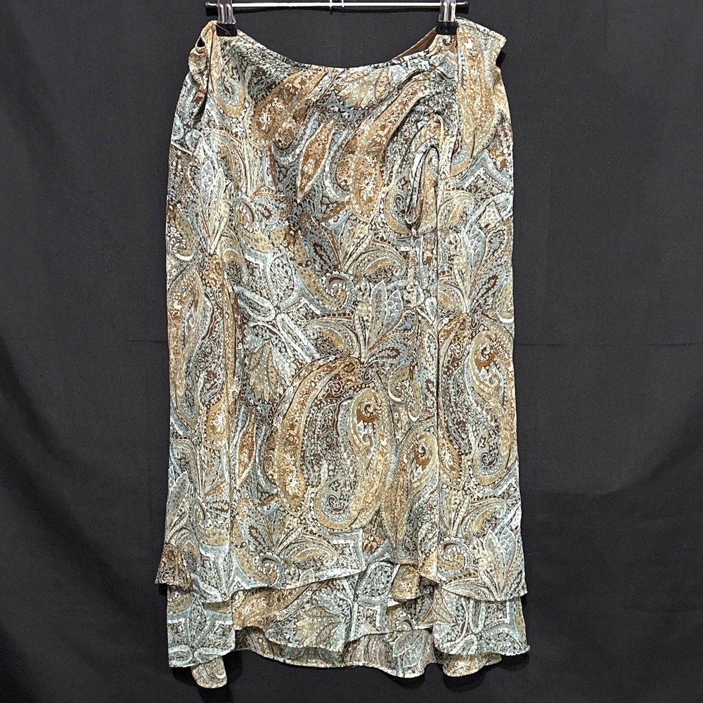 Emma James Womens Paisley Midi Skirt Brown Blue Faux Wrap Tiered Ruffle Size 12